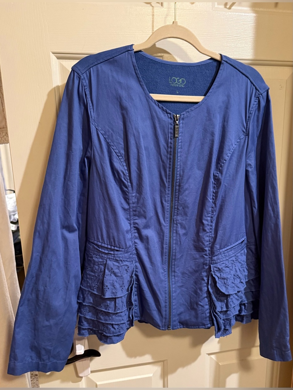LOGO by Lori Goldstein Navy Blue Ruffle-Hem Zip Jacket